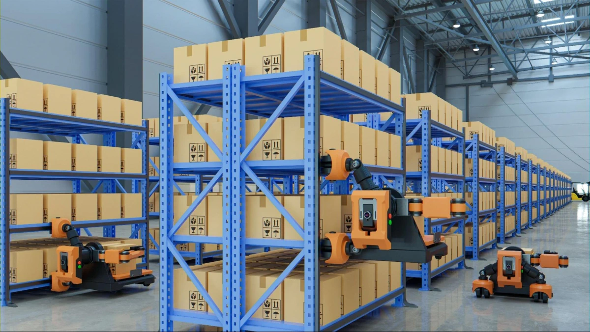 AGVs working in a warehouse (3d render)